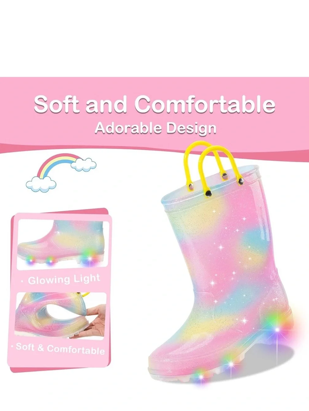 Kids Rainbow Glitter Light-Up Rain Boots - Pink